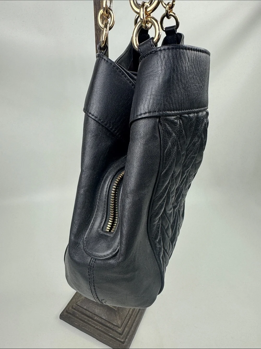 Coach Black Quilted Leather Shoulder Tote Bag Gold Hardware pockets Chain strap